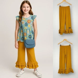 Matilda Jane Wide Leg Ruffle Crochet Pants Girls Size 12 Golden Mustard Cropped - Picture 1 of 7