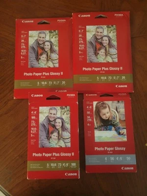 Lote de 4 190 folhas de papel fotográfico Canon Plus Glossy II, 4x6 e 5x7 PP-201 e GP-601 - Imagem 1 de 2