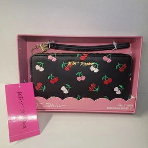 Betsey Johnson Cherry bestickte Geldbörse Kalbsleder schwarz/multi neu im Karton - Bild 1 von 6
