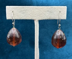Vintage Honey Amber Drop Earrings Pierced Sterling Hooks Artisan 1 5/8" - Picture 1 of 7