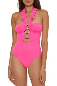 Buckle Up - Women's One Piece Bandeau Swimsuit with Cut Out Neckline, Gold Ri... - Picture 1 of 6