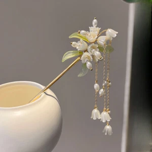 Horquilla con borla de orquídea Pearl Bell horquilla Qipao Hanfu tocado - Imagen 1 de 25