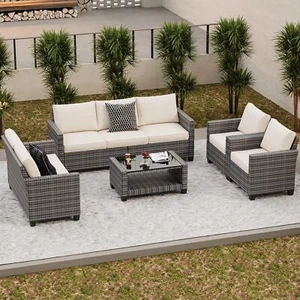 5 Piece Patio Furniture Set Outdoor Wicker Sectional Sofa Conversation w/Table - Picture 1 of 14