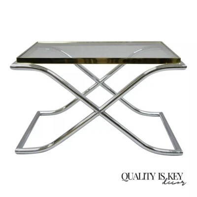 Vintage Hollywood Regency X-Frame Chrome Brass & Glass Small Coffee Table - Image 1 of 4