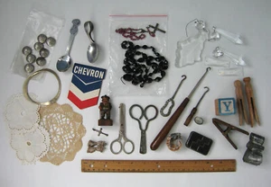 Junk Drawer Lot Old Vintage Antiques Childs Scissors Spoons Wood Carving Tin + - Picture 1 of 16