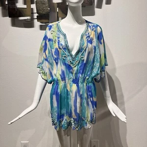 NWOT Midnight Velvet Sheer Tunic Top XL Multi Beaded Embroidered V-Neck Summer - Picture 1 of 18