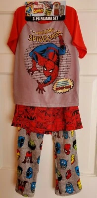 MARVEL SPIDERMAN PAJAMAS 3 PC PANTS SHIRT SHORTS SIZE 8  - Image 1 of 4