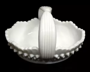 Fenton White Milk Glass Hobnail Oval Split Handle Scalloped Edge Basket 6.5" - Picture 1 of 7
