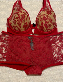 La Perla Autografo 34D M Push Up Bra Boyshort Panty Set Red Nude $820 Valentine