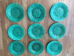 Antique 9 English Green Majolica Dinner Plates Hope & Carter Geranium Leaf - Picture 1 of 11