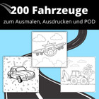 200 Fahrzeug Ausmalbilder zum ausdrucken & POD Lizenz