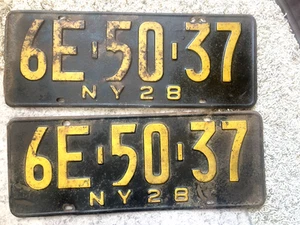 ANTIQUE MATCHING Pair of 1928 NEW YORK STATE LICENSE PLATE #6E 50-37 Original - Picture 1 of 6