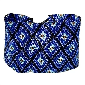 Hand Woven Blue Seed Beads Bracelet, Flower, Boho Handmade Vintage - Picture 1 of 7