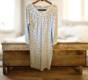 Eileen West Size S Blue & White Soft Lace Trim Long Sleeve 49" Nightgown - Picture 1 of 3