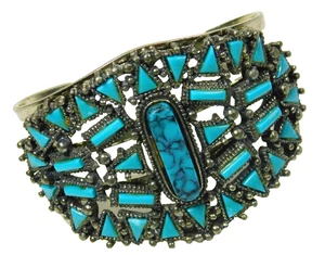 Vintage 1970's Faux Turquoise Wide Silver Triple Split Cuff Bracelet - Picture 1 of 5