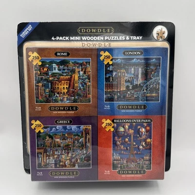 DOWDLE 4-Pack 250 Piece Mini Wooden Puzzles & Tray European Cities Set - New - Image 1 of 4