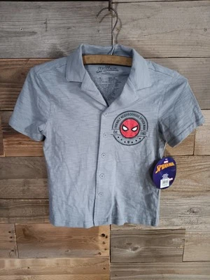 NWT Marvel Spiderman Casual Button Down Shirt Kids Sz 5/6 100% Cotton Gray - Image 1 of 4