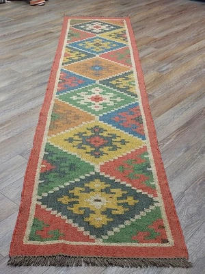 Turkish Geometric Anatolian Rug,Turkish Kilim Flat Weave HandMade Rug, 2.5x12 Ft - Image 1 of 4