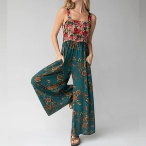 Natural Life NEW Sz L Sedona Wide Leg Jumpsuit Teal Mixed Floral Smocked Boho - Picture 1 of 11