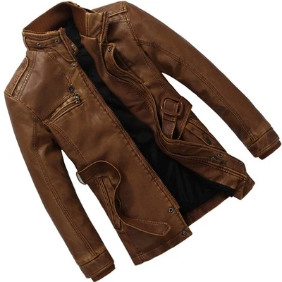 Otoño Para Hombres Medio Largo Delgado Retro Cuello Soporte Chaqueta de Cuero PU Abrigo Informal Foto 1 de 4