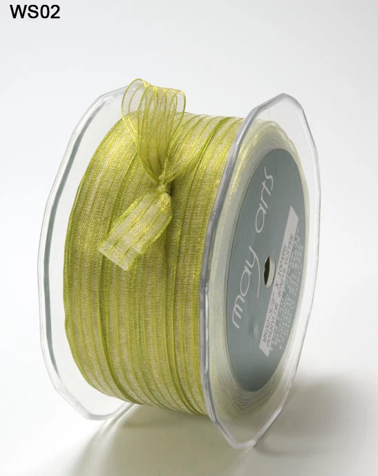 3/8" Sheer Iridescent Pinstripe Ribbon - May Arts - WS02 Celery - 5 yds - Image 1 of 1