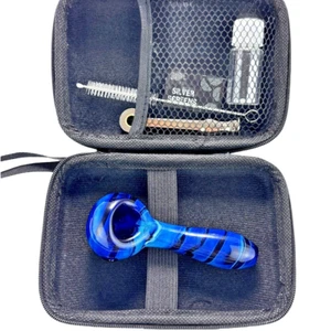 THICK 4.3" Blue Glass Smoking Hand Pipe Handmade Collectible Pipes W/Tool Box - Picture 1 of 6
