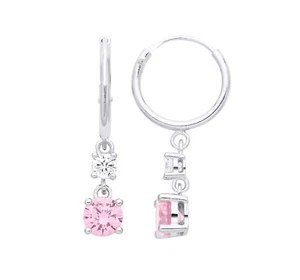 925 Sterling Silver Simulated Pink Sapphire Drop Hoop Sleeper Huggie Earrings - Picture 1 of 6