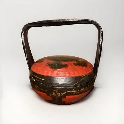Antigua cesta de boda china Peranakan pintada a mano laca negra bambú rojo Foto 1 de 4