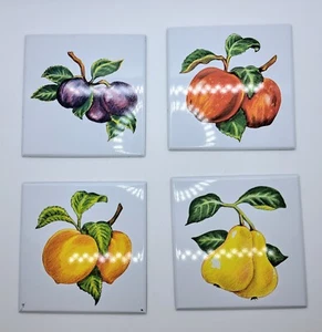 24 Vintage Tin Fruit Design 4 1/4" Wall Tiles with Mounting Squares in Orig Box - Picture 1 of 6