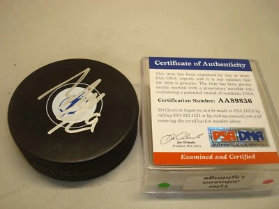 Tyler Johnson Signed Tampa Bay Lightning Hockey Puck Autograph PSA/DNA COA 1A - Image 1 of 3