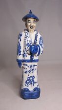Vintage Large Porcelain Asian Man Oriental Figurine Blue White 13 1/2" Dragons