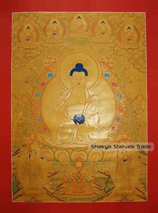 Pintura Rollo Thangka Tibetano Budista Dorado Buda Shakyamuni 43.75" x 33" - Imagen 1 de 6