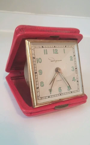 Pre-World War Ingrahm Red Leather Cased Windup Travel Alarm Clock Germany Cover