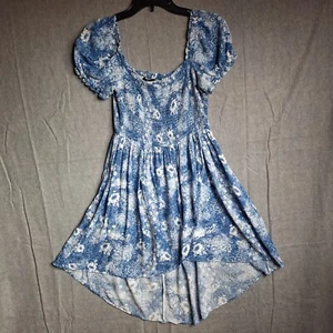AQUA Smocked Asymmetrical Dress Women Size Small White/Blue Floral Wide Neck - Picture 1 of 13