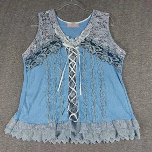 PRETTY ANGEL DAMEN Y2K BLAU SPITZENBORTE SCHNÜRUNG FAIRYCORE WHIMSIGOTH BOHO TOP L - Bild 1 von 6