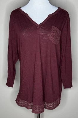 Blusa mujer Lucky Brand manga larga granate rojo ribete crochet talla 1X. Foto 1 de 4