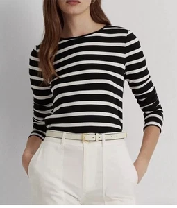 Lauren Ralph Lauren Women's Size XL Black White Striped Long Sleeve T Shirt - Picture 1 of 8