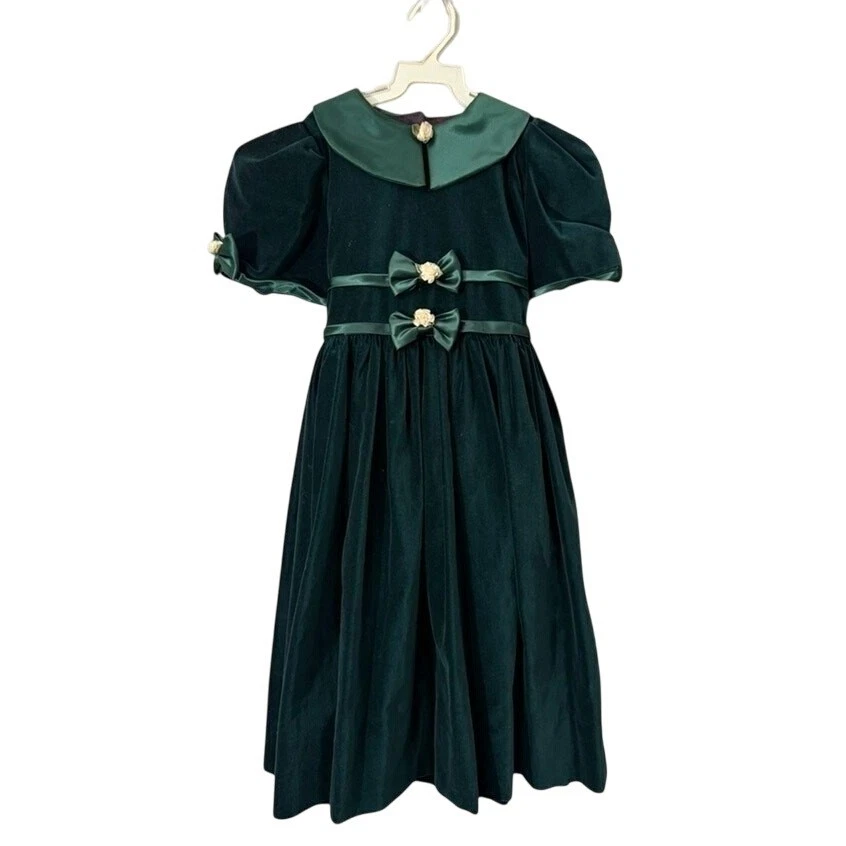 Vintage Style Girls Green Velvet A-Line Dress Satin Trim Bows Size 3/4 Holiday - Image 1 of 4
