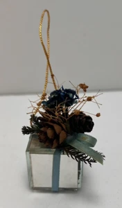 Vintage Mirrored Glass Christmas Present Hanging Ornament Blue Ribbon Floral - Picture 1 of 4