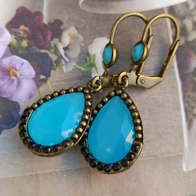 Pendientes Michal Negrin Aqua Azul Azul Azul Grande Lágrima Cristales Cuelgan Nuevo Regalo Foto 1 de 4