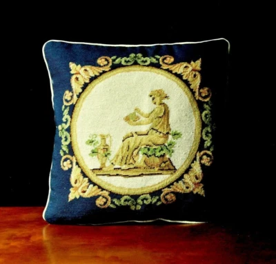 Vintage Wool Needlepoint Pillow Cover Navy Blue Greek Goddess Cushion 16x16 - Image 1 of 4