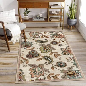 Floral 3x5 Beige Area Rugmachine Washable Throw Rug Non Slipsoft Paisley Dorm Ru - Picture 1 of 7