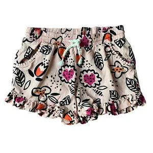 Girl Medium 7-8 Light Pink Bold Black Flowers Floral Print Ruffle Stretch Shorts - Picture 1 of 2