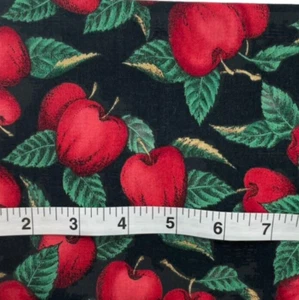 Red Apple Fabric Fruit on Black Fall Fabric Cotton Remnant 3/4yd - Picture 1 of 2
