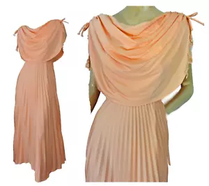 Vintage 1970s Peach Jersey Pleated Skirt Maxi Party Dress Lacy Draped Disco Gown - Picture 1 of 10
