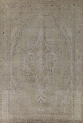 Tapete vintage silencioso tradicional feito à mão floral Tebriz para sala de estar 10'x13' - Imagem 1 de 4