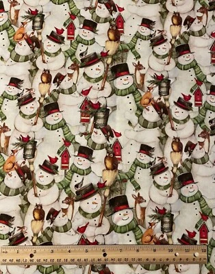 Fabric Susan Winget Packed Snowman Christmas Holiday Birds 100% Cotton Quilt 3/4 - Image 1 of 2