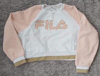 FILA Womens Crop Top Sweatshirt  12 White/pink/gold Casual Gym Clothes Crew Neck • 18.07€