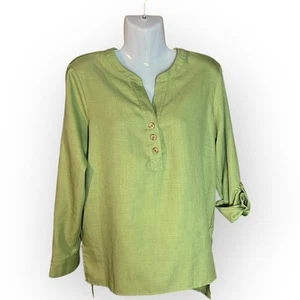 Zooey Leelo Top Shirt Womens Sm Pistachio Green Wood Button 3/4 Sleeve Lagenlook - Picture 1 of 12