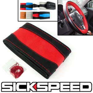 BLACK/RED LEATHER STEERING WHEEL COVER GRIP ANTI SLIP FOR 14" 15" CAR P6 - Bild 1 von 1